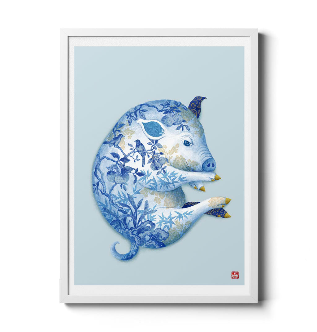 Chinese Zodiac Pig Art Print by Chris Chun, showing a pig with intricate blue floral patterns, representing prosperity, joy, and peaceful energy