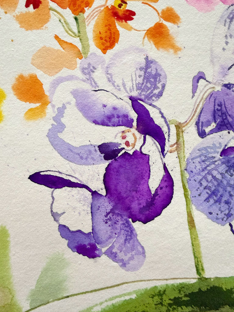 Ink painting of a purple flower with green leaves on a textured white background