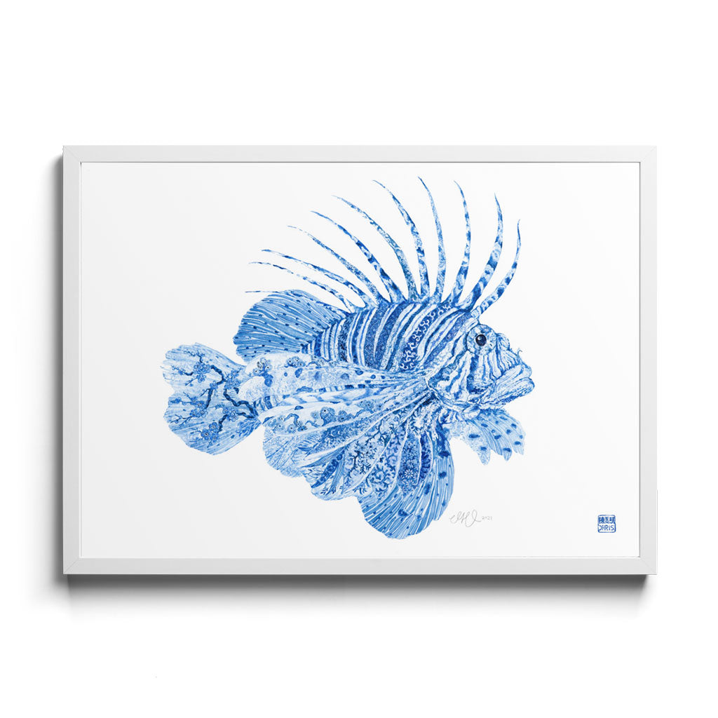 'Little F*cker' Fine Art Print by Artist Chris Chun. Chinoiserie inspired Lionfish. White Frame