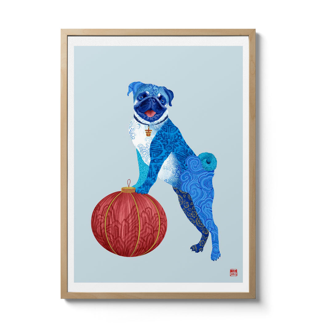 Chinese Zodiac Dog Art Print by Chris Chun, featuring a blue patterned dog with a red lantern, symbolizing loyalty, protection, and positive energy.