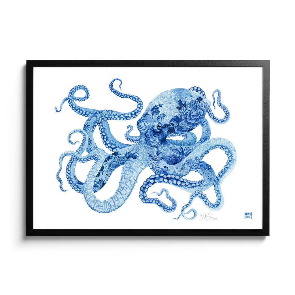 'Professor Peony' Octopus Framed Fine Art Print by Artist Chris Chun. Black Frame