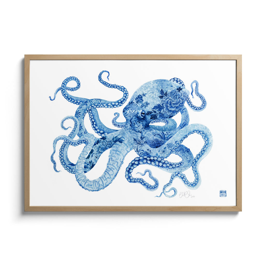 'Professor Peony' Octopus Framed Fine Art Print by Artist Chris Chun. Oak Frame