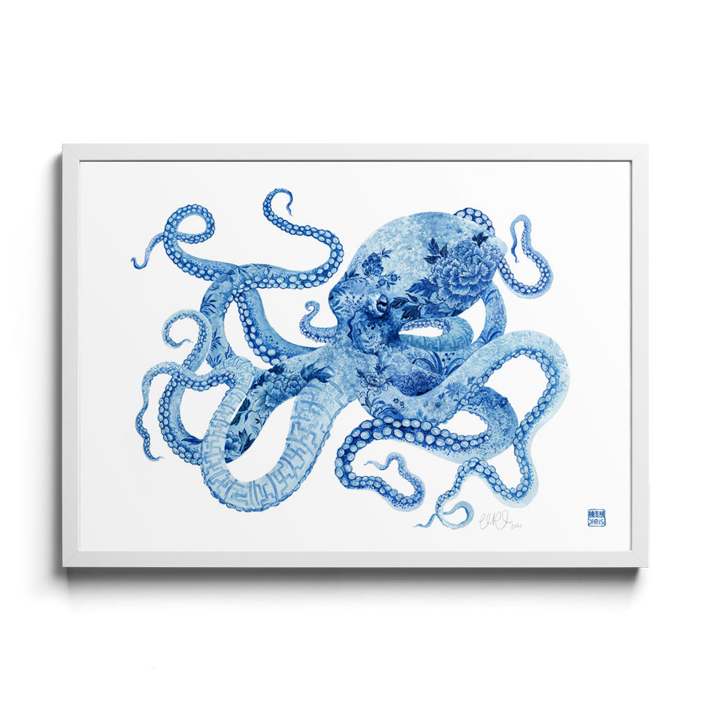 'Professor Peony' Octopus Framed Fine Art Print by Artist Chris Chun. White Frame