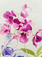 Artistic depiction of pink and purple orchids on a light background
