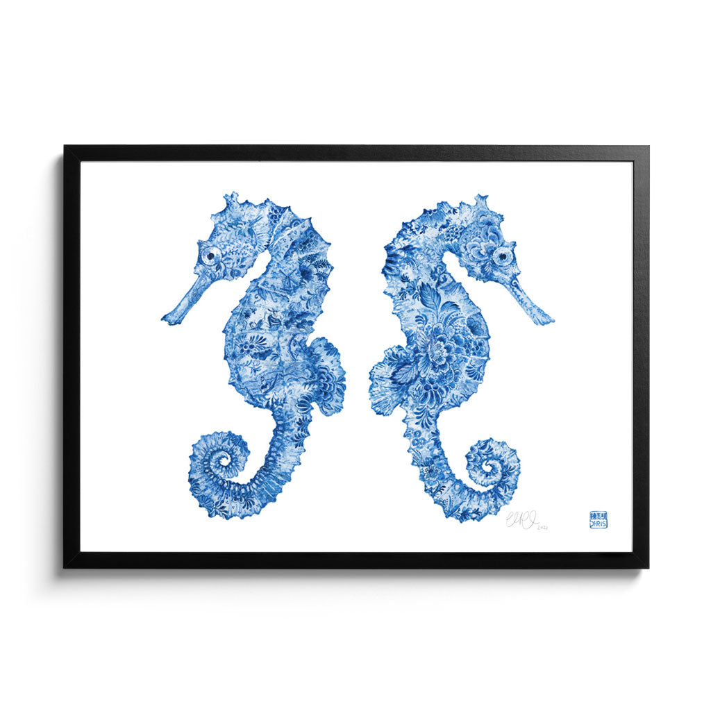 'The Delft Brothers' Seahorse Framed Fine Art Print by Artist Chris Chun. Black Frame
