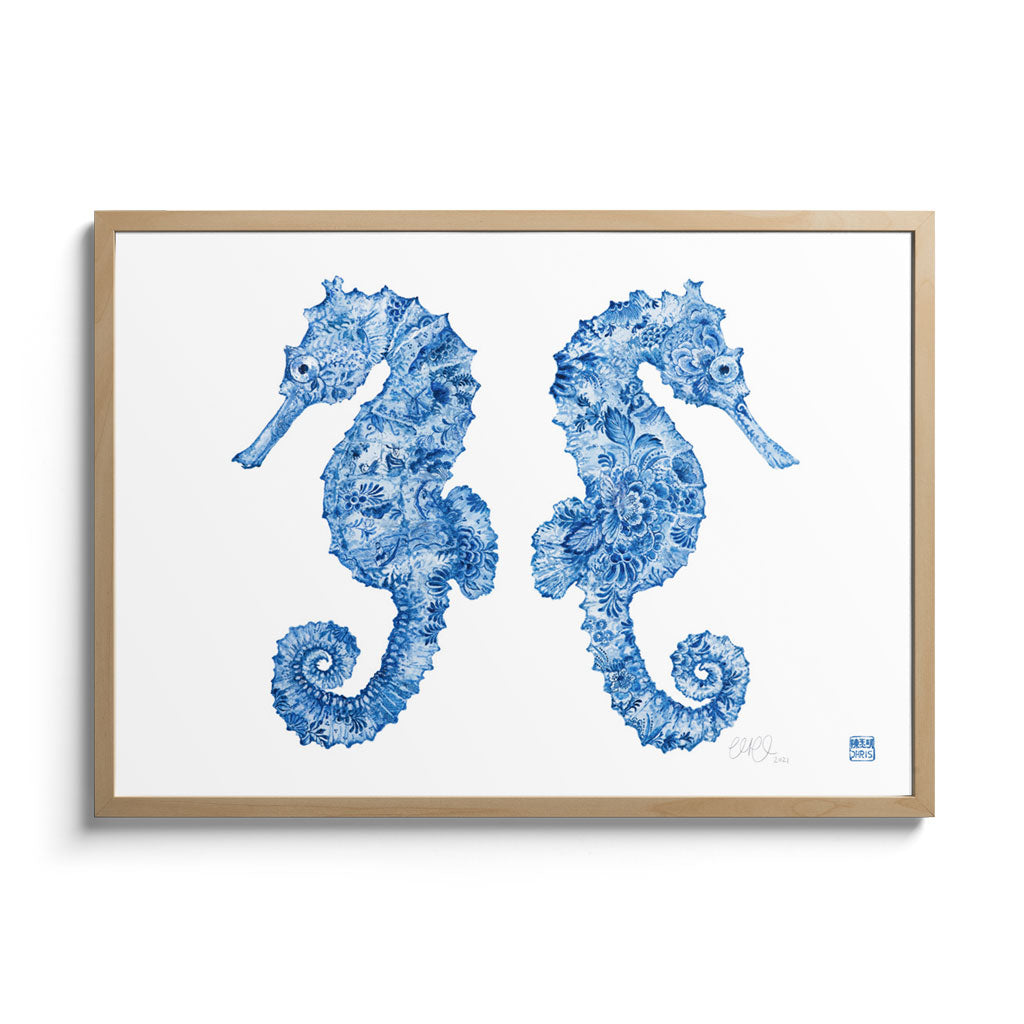 'The Delft Brothers' Seahorse Framed Fine Art Print by Artist Chris Chun. Oak Frame