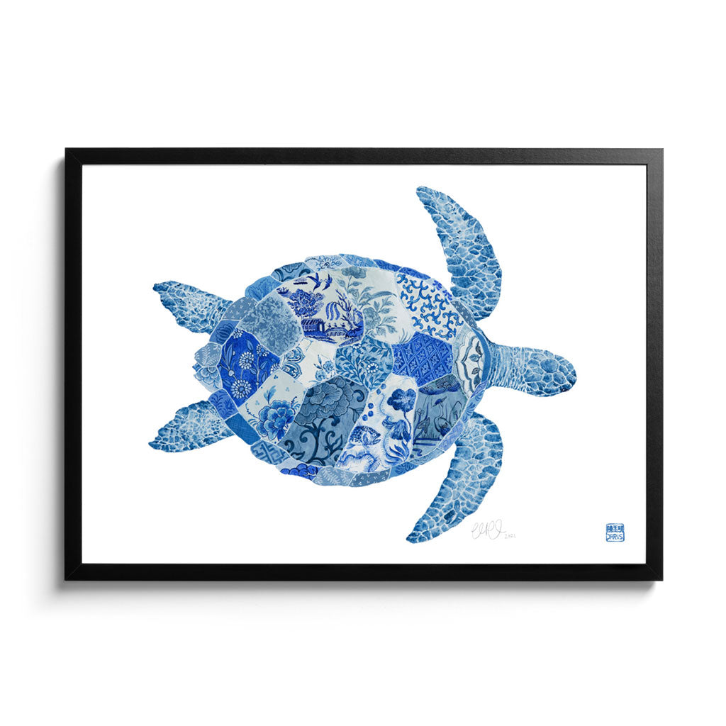 'The Intrepid Explorer' Turtle Framed Fine Art Print by Artist Chris Chun. Black Frame