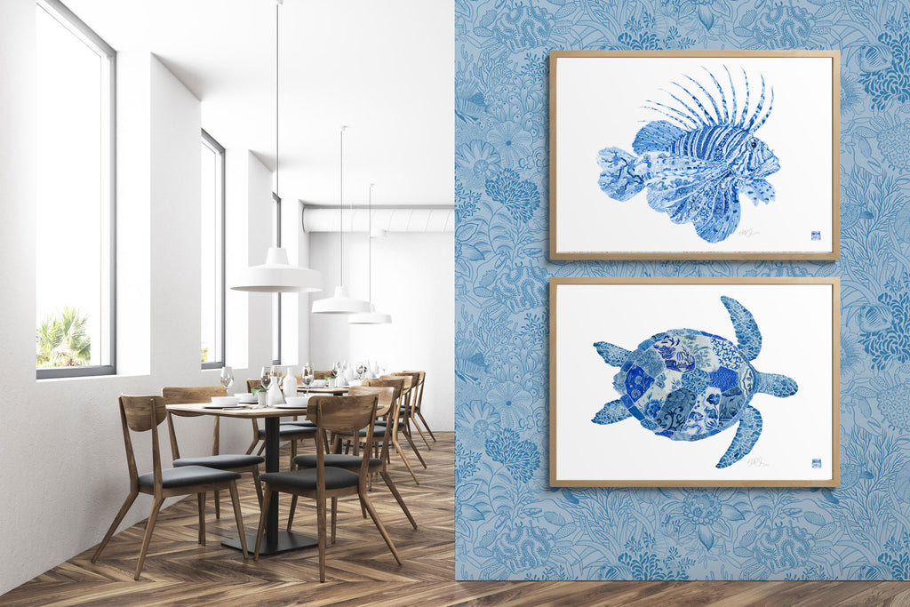 Framed Chinoiserie Lionfish and Turtle Art by Artist Chris Chun