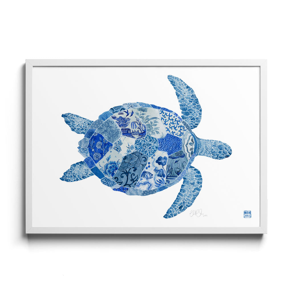'The Intrepid Explorer' Turtle Framed Fine Art Print by Artist Chris Chun. White Frame