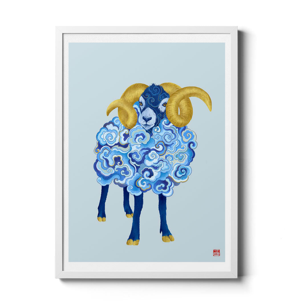 Chinese Zodiac Sheep Art Print by Chris Chun, with intricate blue and gold swirls, symbolizing nurturing energy, peace, and artistic spirit.
