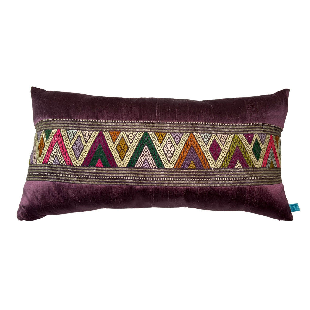 Plum Silk Pillow with Vintage Textile Panel