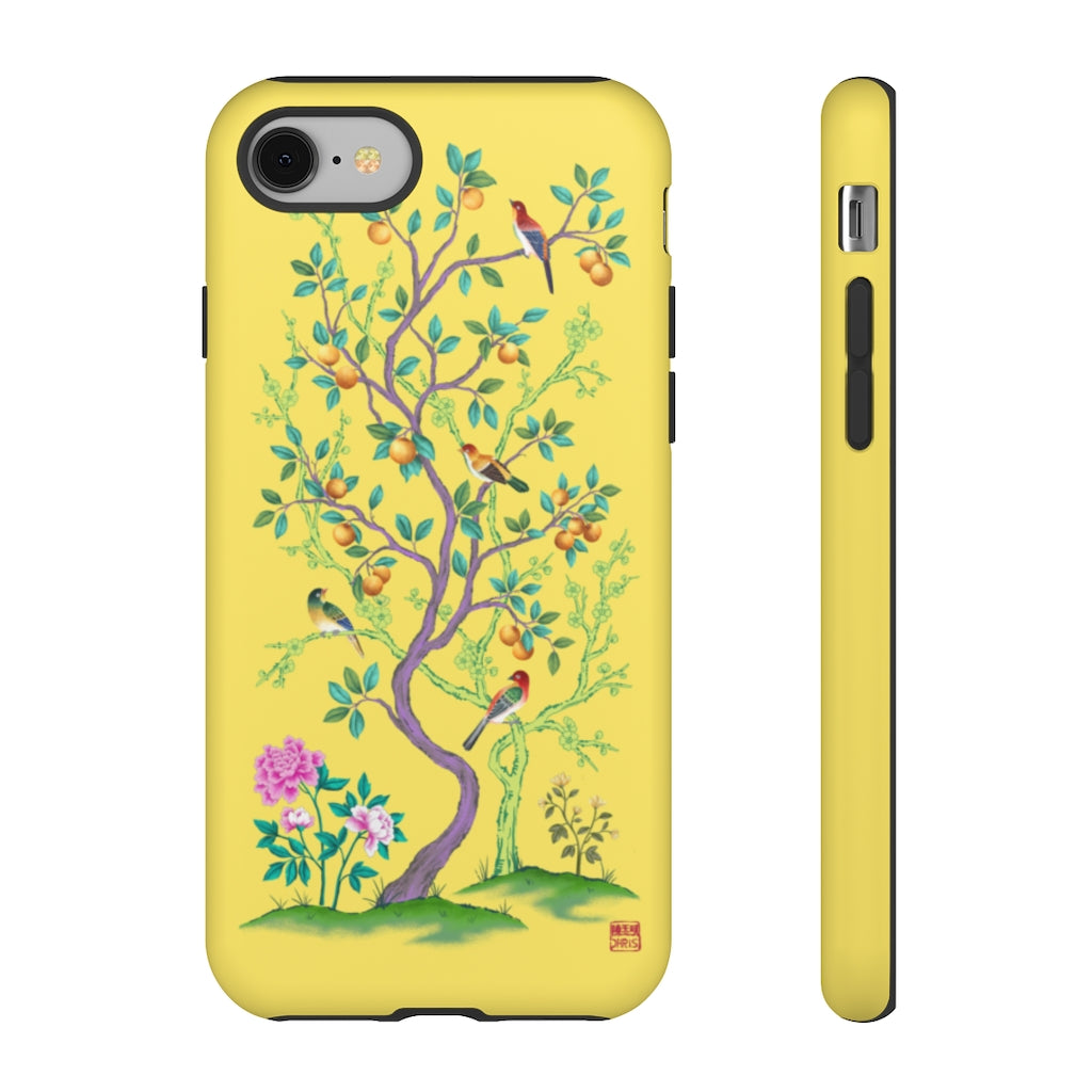 Chinoiserie Floral iPhone Case and Chinoiserie Floral Samsung Phone Cover featuring watercolour Chinoiserie peony roses. Chinese art phone with decorative birds and butterflies. Impact resistant tough chinoiserie mobile phone case. Supports wireless charging. Designer mobile phone case made in the USA.