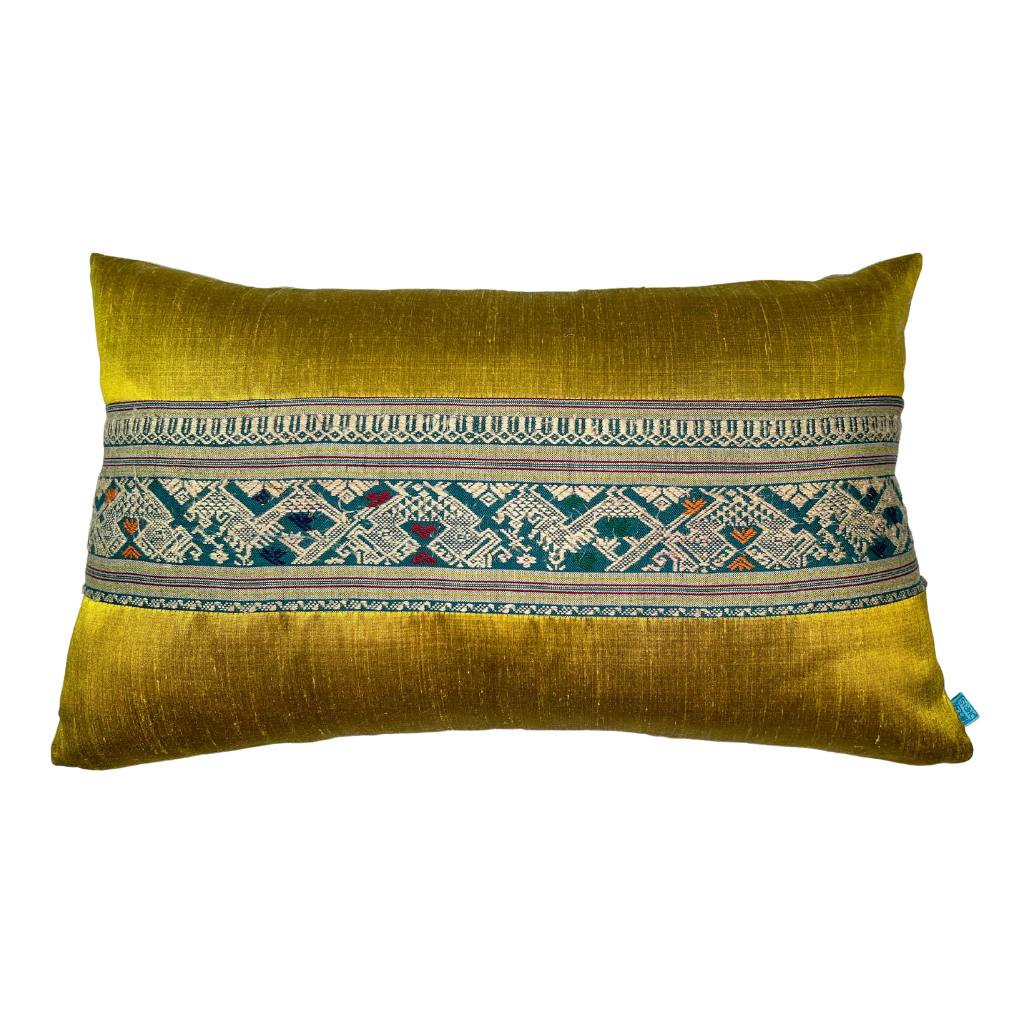 Thai Vintage Textile Lumbar Pillow with Chartreuse Silk Panelling