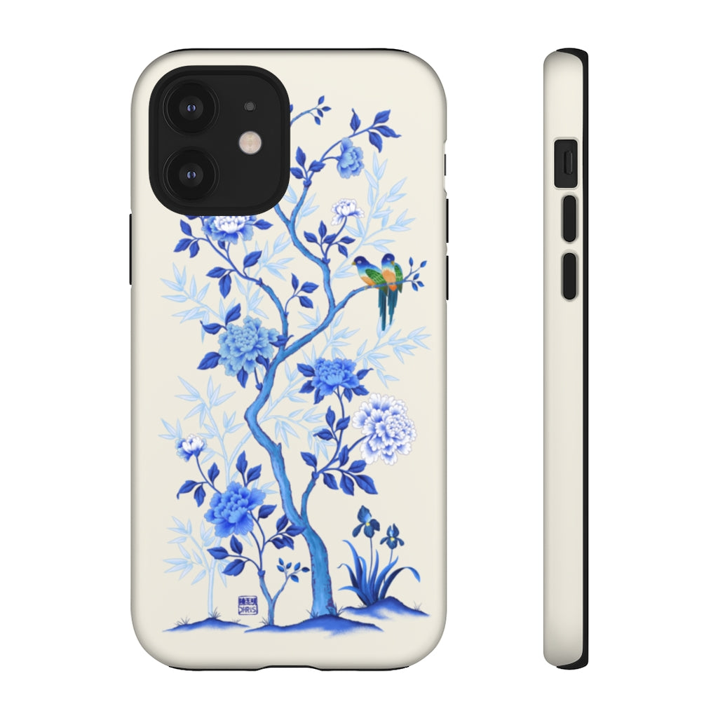 Chinoiserie Floral iPhone Case and Chinoiserie Floral Samsung Phone Cover featuring watercolour Chinoiserie peony roses. Chinese art phone with decorative birds and butterflies. Impact resistant tough chinoiserie mobile phone case. Supports wireless charging. Designer mobile phone case made in the USA.