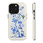 Chinoiserie Floral iPhone Case and Chinoiserie Floral Samsung Phone Cover featuring watercolour Chinoiserie peony roses. Chinese art phone with decorative birds and butterflies. Impact resistant tough chinoiserie mobile phone case. Supports wireless charging. Designer mobile phone case made in the USA.