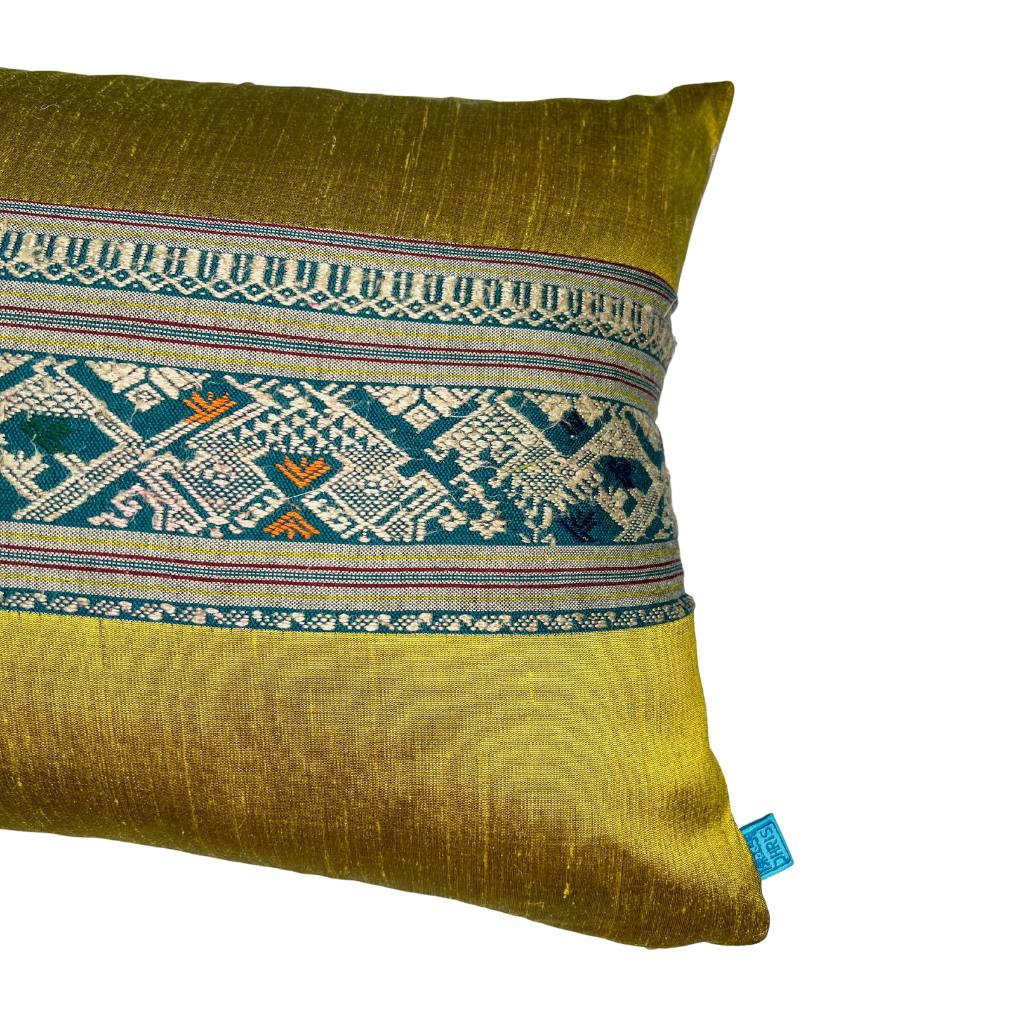 Thai Vintage Textile Lumbar Pillow with Chartreuse Silk Panelling