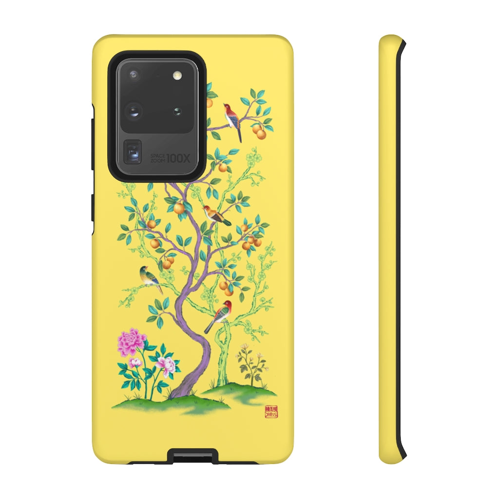 Chinoiserie Floral iPhone Case and Chinoiserie Floral Samsung Phone Cover featuring watercolour Chinoiserie peony roses. Chinese art phone with decorative birds and butterflies. Impact resistant tough chinoiserie mobile phone case. Supports wireless charging. Designer mobile phone case made in the USA.