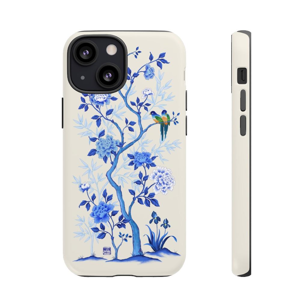 Chinoiserie Floral iPhone Case and Chinoiserie Floral Samsung Phone Cover featuring watercolour Chinoiserie peony roses. Chinese art phone with decorative birds and butterflies. Impact resistant tough chinoiserie mobile phone case. Supports wireless charging. Designer mobile phone case made in the USA.