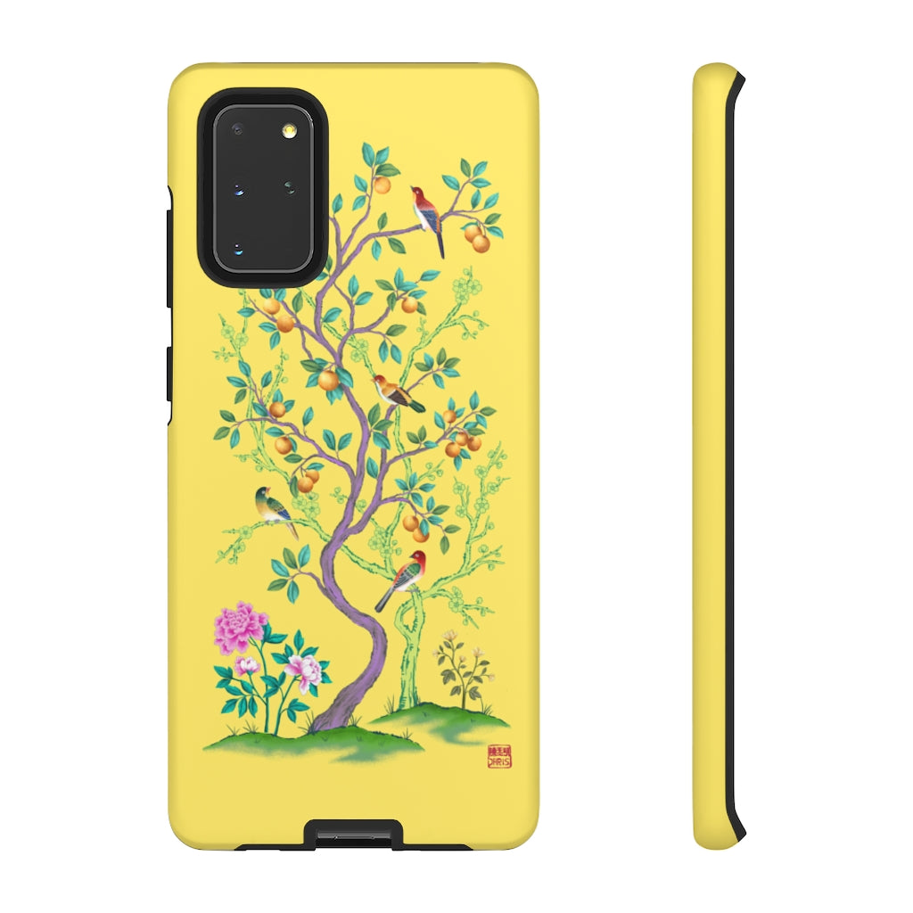 Chinoiserie Floral iPhone Case and Chinoiserie Floral Samsung Phone Cover featuring watercolour Chinoiserie peony roses. Chinese art phone with decorative birds and butterflies. Impact resistant tough chinoiserie mobile phone case. Supports wireless charging. Designer mobile phone case made in the USA.