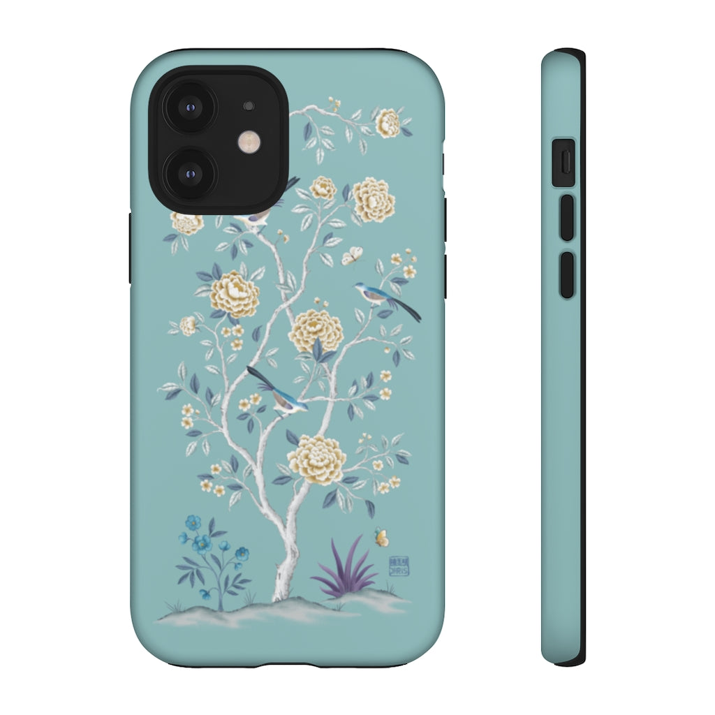 Chinoiserie Floral iPhone Case and Chinoiserie Floral Samsung Phone Cover featuring watercolour Chinoiserie peony roses. Chinese art phone with decorative birds and butterflies. Impact resistant tough chinoiserie mobile phone case. Supports wireless charging. Designer mobile phone case made in the USA.