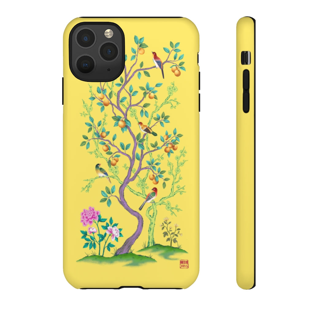 Chinoiserie Floral iPhone Case and Chinoiserie Floral Samsung Phone Cover featuring watercolour Chinoiserie peony roses. Chinese art phone with decorative birds and butterflies. Impact resistant tough chinoiserie mobile phone case. Supports wireless charging. Designer mobile phone case made in the USA.