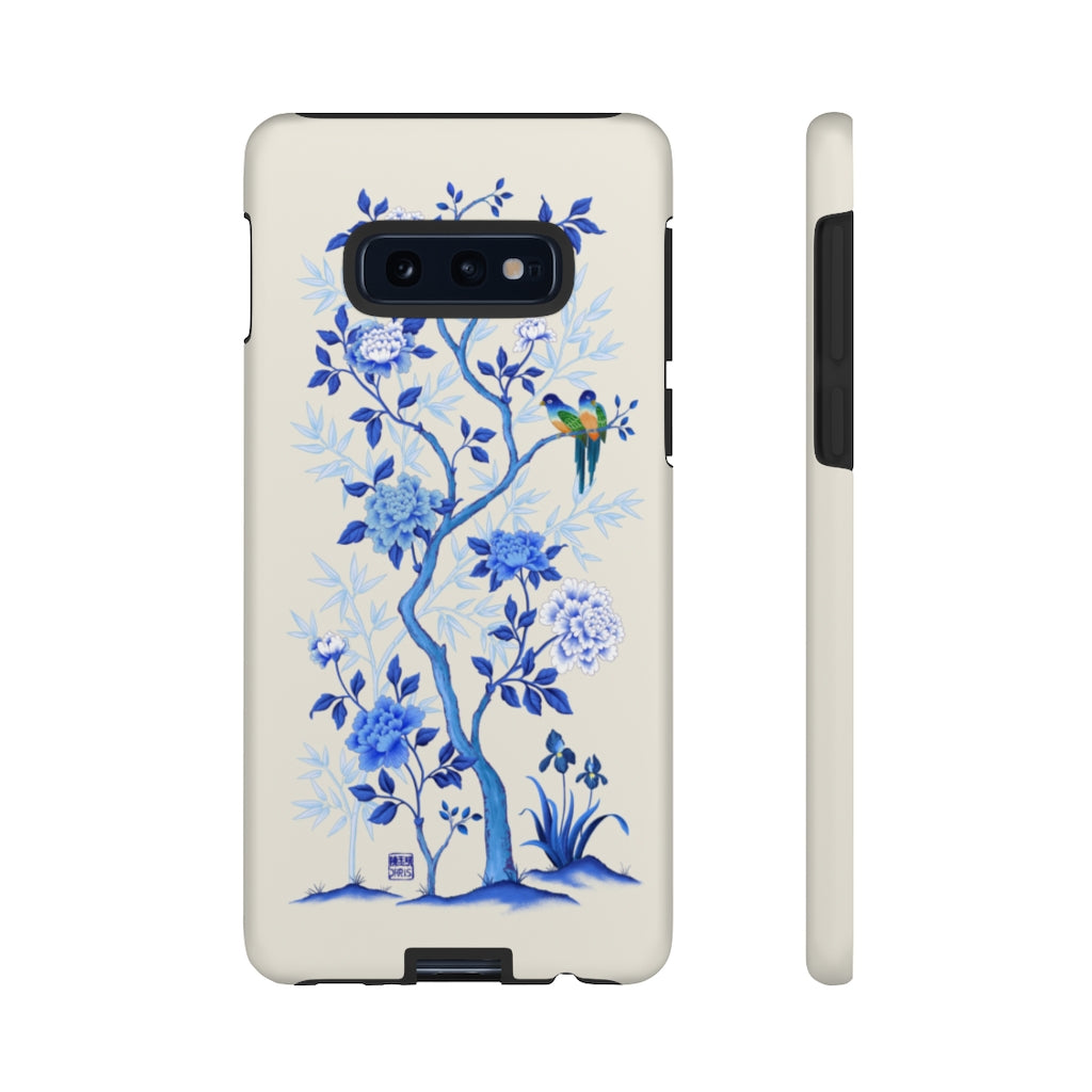 Chinoiserie Floral iPhone Case and Chinoiserie Floral Samsung Phone Cover featuring watercolour Chinoiserie peony roses. Chinese art phone with decorative birds and butterflies. Impact resistant tough chinoiserie mobile phone case. Supports wireless charging. Designer mobile phone case made in the USA.