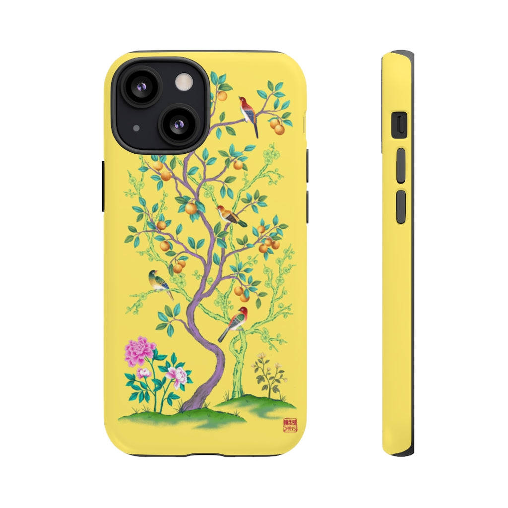 Chinoiserie Floral iPhone Case and Chinoiserie Floral Samsung Phone Cover featuring watercolour Chinoiserie peony roses. Chinese art phone with decorative birds and butterflies. Impact resistant tough chinoiserie mobile phone case. Supports wireless charging. Designer mobile phone case made in the USA.