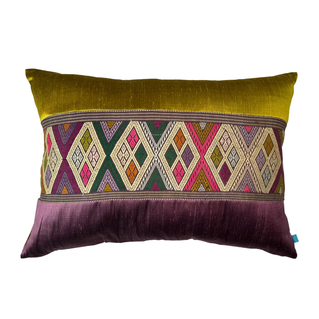 Thai Vintage Textile Lumbar Pillow with Silk Panelling