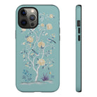 Chinoiserie Floral iPhone Case and Chinoiserie Floral Samsung Phone Cover featuring watercolour Chinoiserie peony roses. Chinese art phone with decorative birds and butterflies. Impact resistant tough chinoiserie mobile phone case. Supports wireless charging. Designer mobile phone case made in the USA.