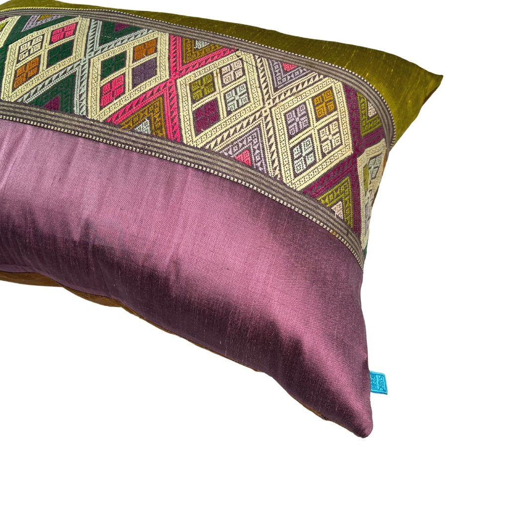 Thai Vintage Textile Lumbar Pillow with Silk Panelling