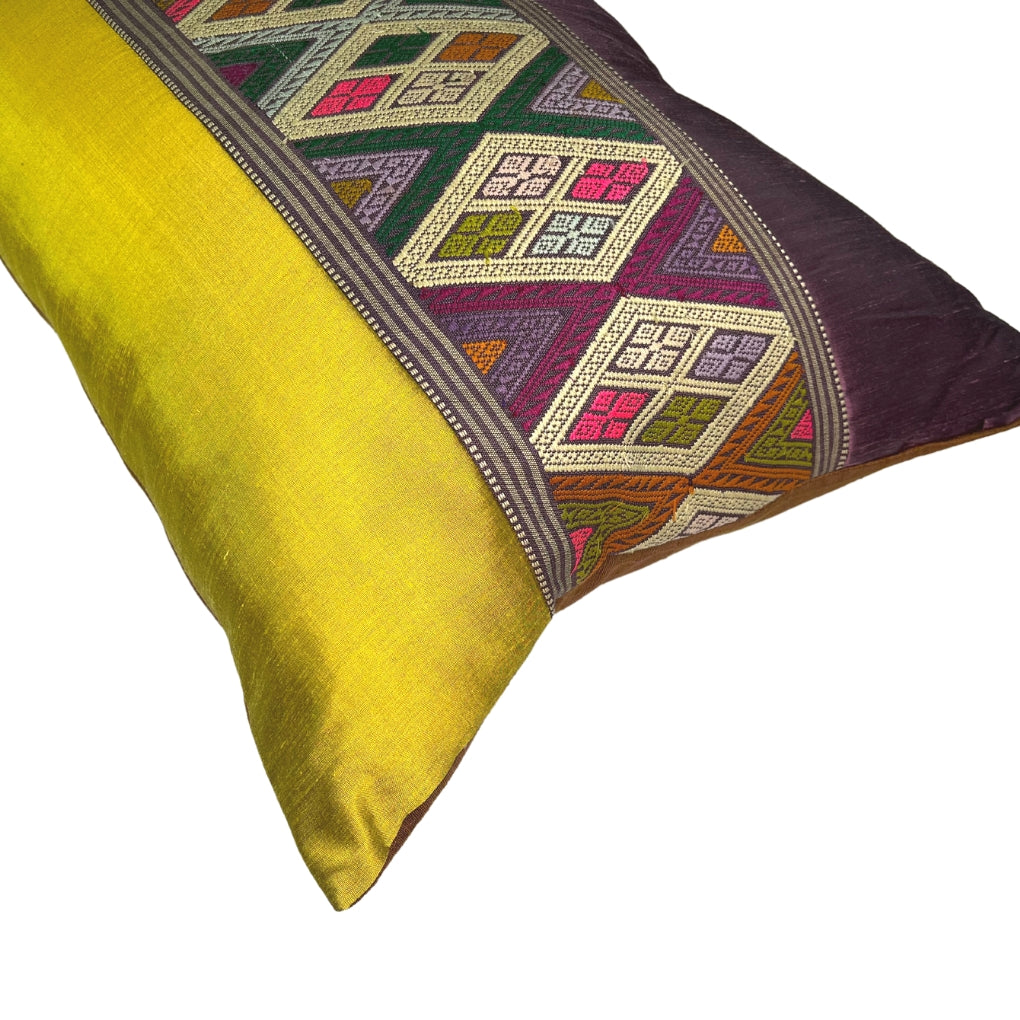 Thai Vintage Textile Lumbar Pillow with Silk Panelling