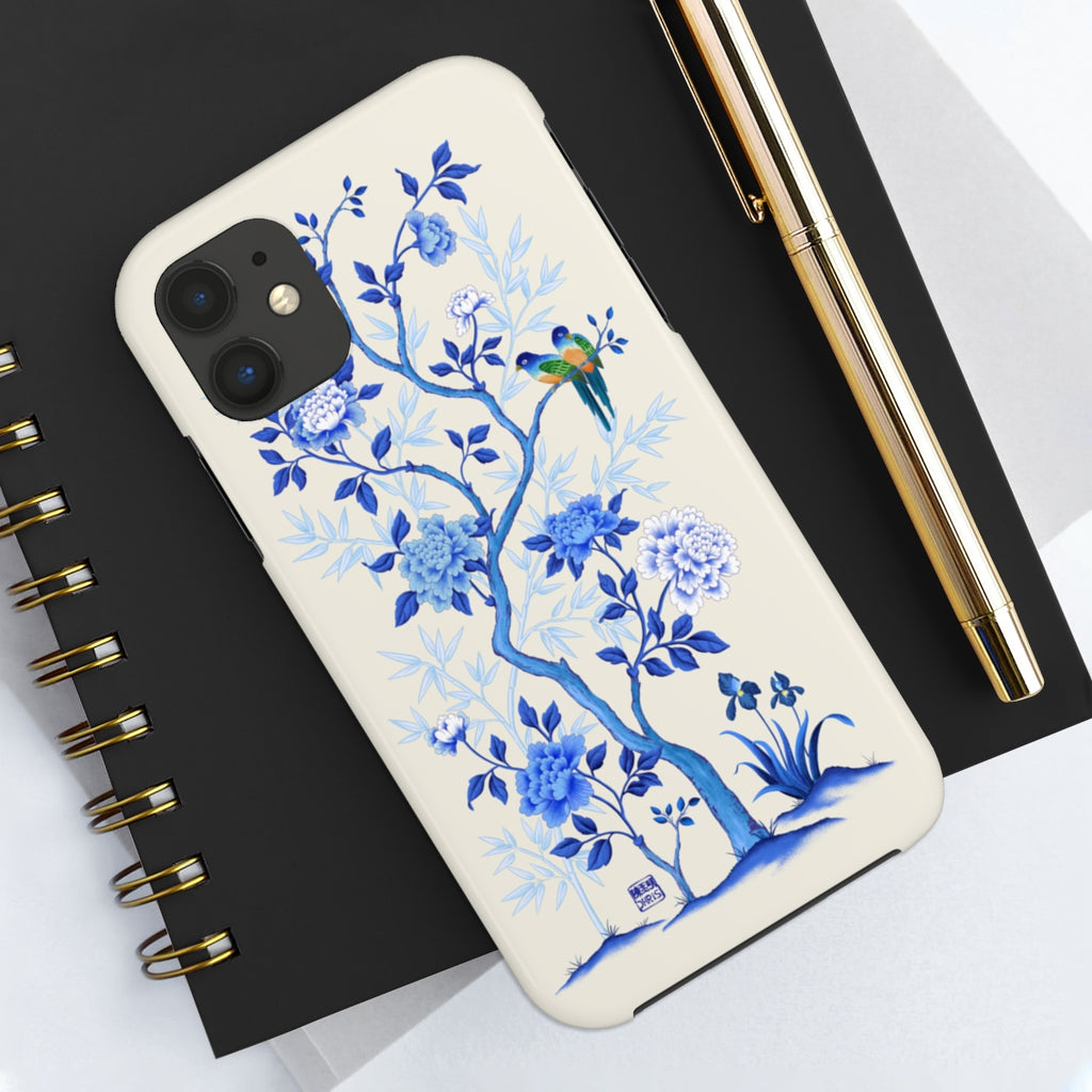 Chinoiserie Floral iPhone Case and Chinoiserie Floral Samsung Phone Cover featuring watercolour Chinoiserie peony roses. Chinese art phone with decorative birds and butterflies. Impact resistant tough chinoiserie mobile phone case. Supports wireless charging. Designer mobile phone case made in the USA.