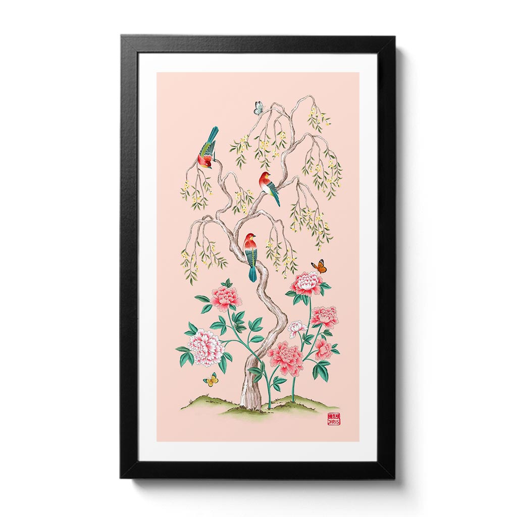 Pink Blossom - Chinoiserie inspired fine art print created by Artist and Textile Designer Chris Chun. Features Pink peony roses, birds and butterflies.