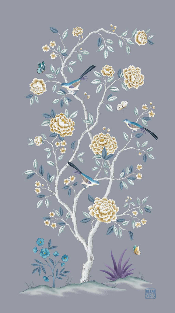 Golden Peony inspired by Chinoiserie Wallpaper Panels. Hand Painted by Artist Chris Chun. Wall Decor for the Home.
