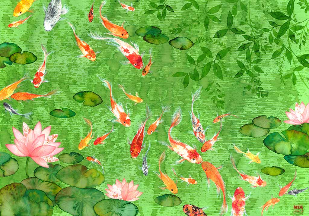 Chinoiserie Koi Art Print by Chris Chun. Chinese Style Painting of fish symbolises longevity and family.