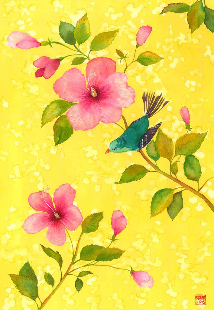 Hibiscus With Bird Fine Art Print by Artist Chris Chun