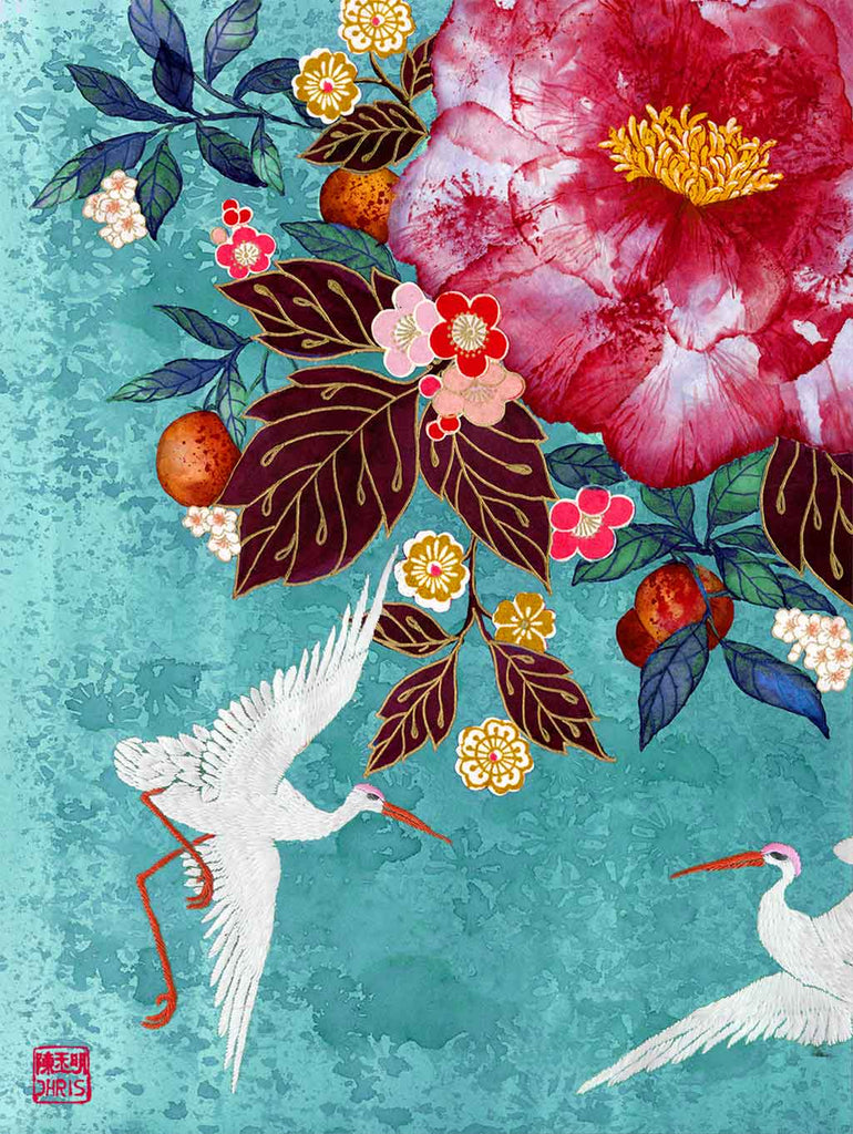Contemporary Chinoiserie Artist Chris Chun combines his exquisite mixed media paintings with embroidery from antique textiles. Camellia Garden is from The Riches of Nature Collection.