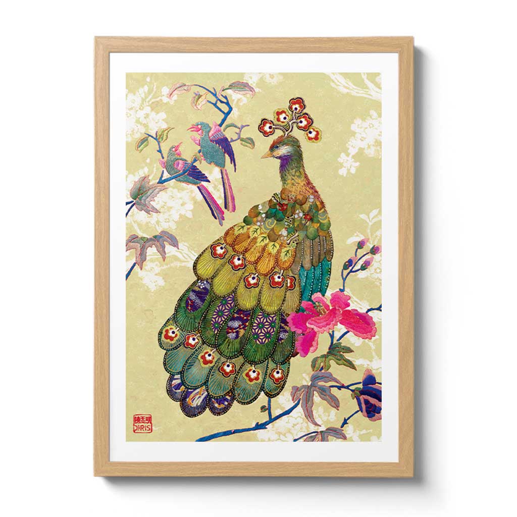 Contemporary Chinoiserie Artist Chris Chun combines his exquisite mixed media paintings with embroidery from antique textiles. Golden Peacock is from The Riches of Nature Collection.