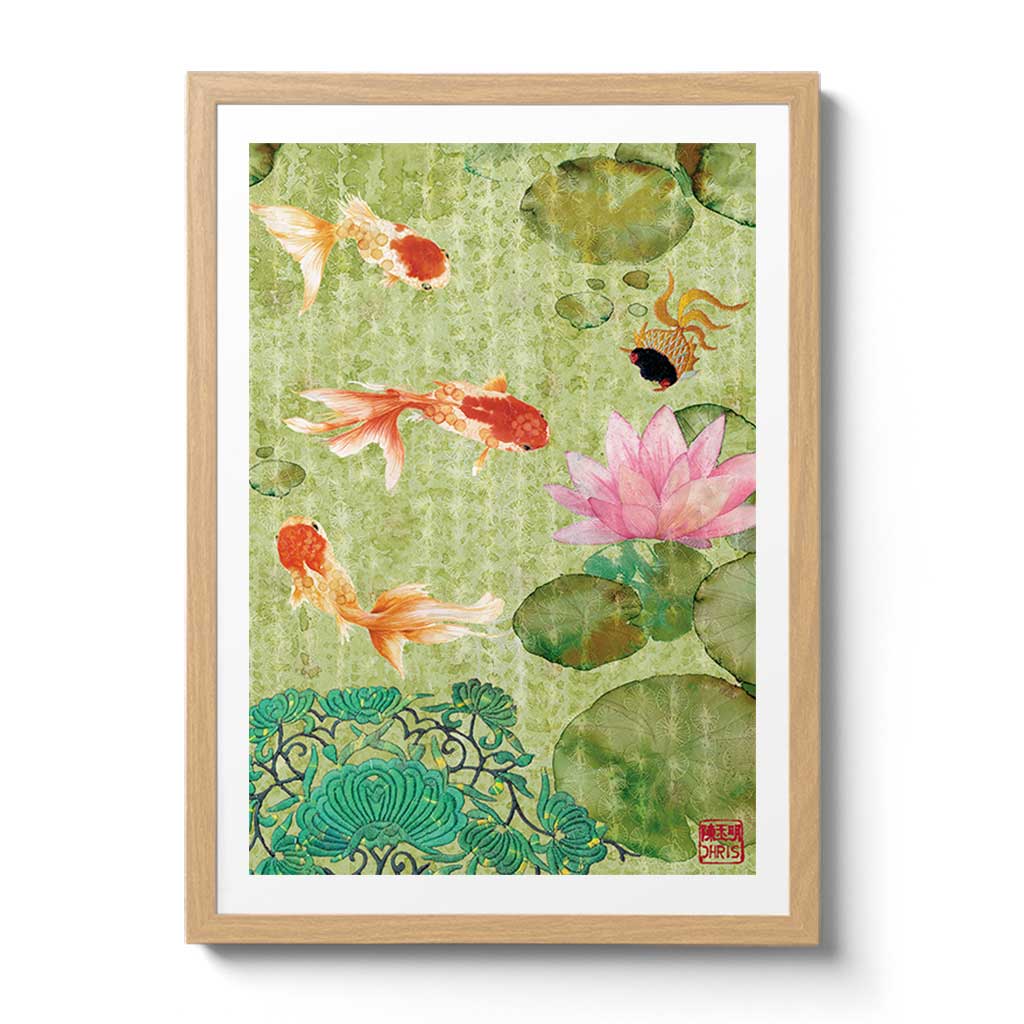 Contemporary Chinoiserie Artist Chris Chun combines his exquisite mixed media paintings with embroidery from antique textiles. Jade River is from The Riches of Nature Collection.