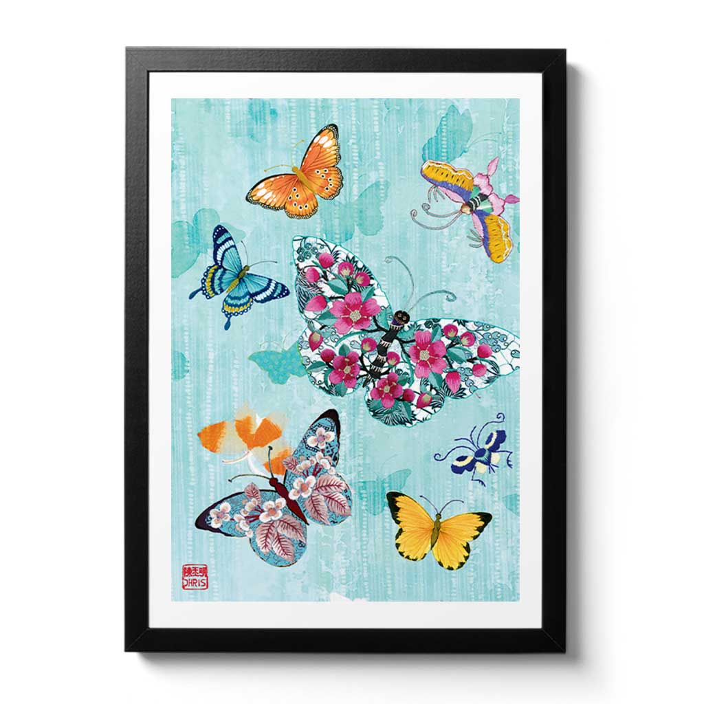 Contemporary Chinoiserie Artist Chris Chun combines his exquisite mixed media paintings with embroidery from antique textiles. Le Papillon is from The Riches of Nature Collection.