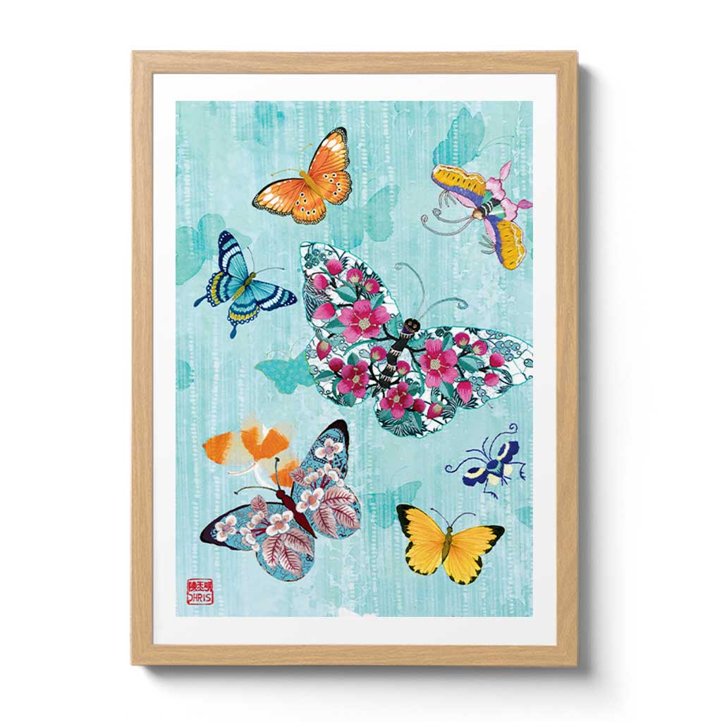 Contemporary Chinoiserie Artist Chris Chun combines his exquisite mixed media paintings with embroidery from antique textiles. Le Papillon is from The Riches of Nature Collection.