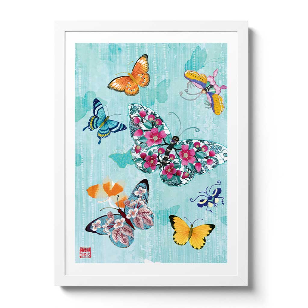 Contemporary Chinoiserie Artist Chris Chun combines his exquisite mixed media paintings with embroidery from antique textiles. Le Papillon is from The Riches of Nature Collection.