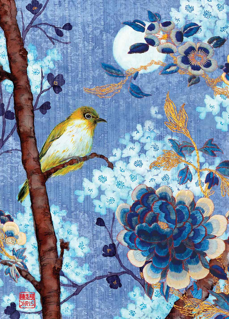 Contemporary Chinoiserie Artist Chris Chun combines his exquisite mixed media paintings with embroidery from antique textiles. Moonlight Bird is from The Riches of Nature Collection.