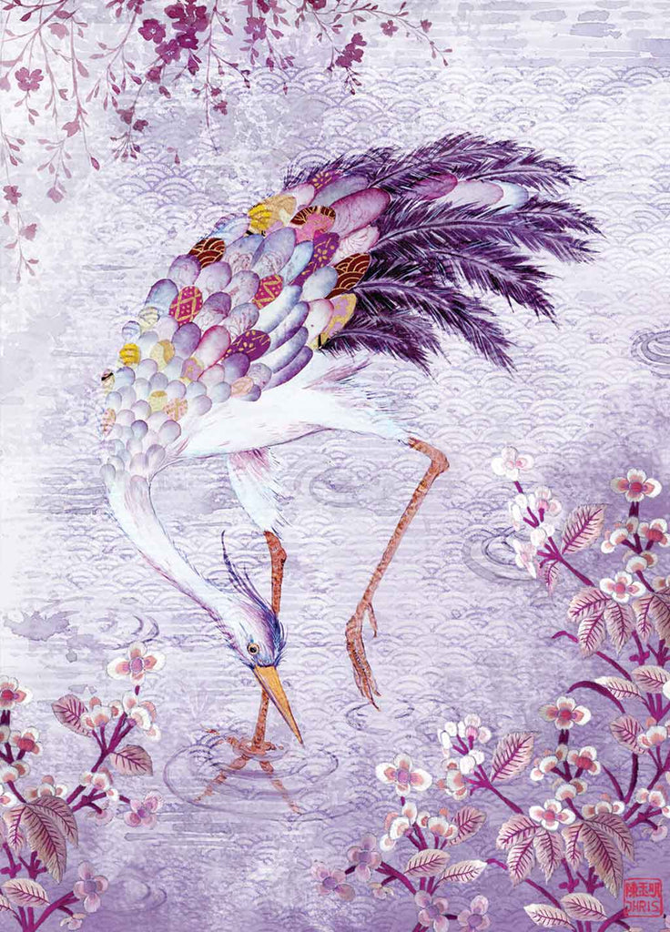 Contemporary Chinoiserie Artist Chris Chun combines his exquisite mixed media paintings with embroidery from antique textiles. Mr Crane is from The Riches of Nature Collection.