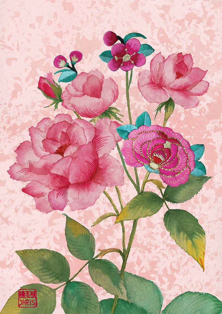 Contemporary Chinoiserie Artist Chris Chun combines his exquisite mixed media paintings with embroidery from antique textiles. Rose is from The Riches of Nature Collection.