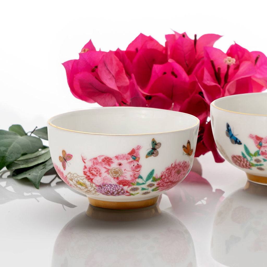 Happy Pig Fine Bone China Teacup Set with Gold Detailing by Chris Chun