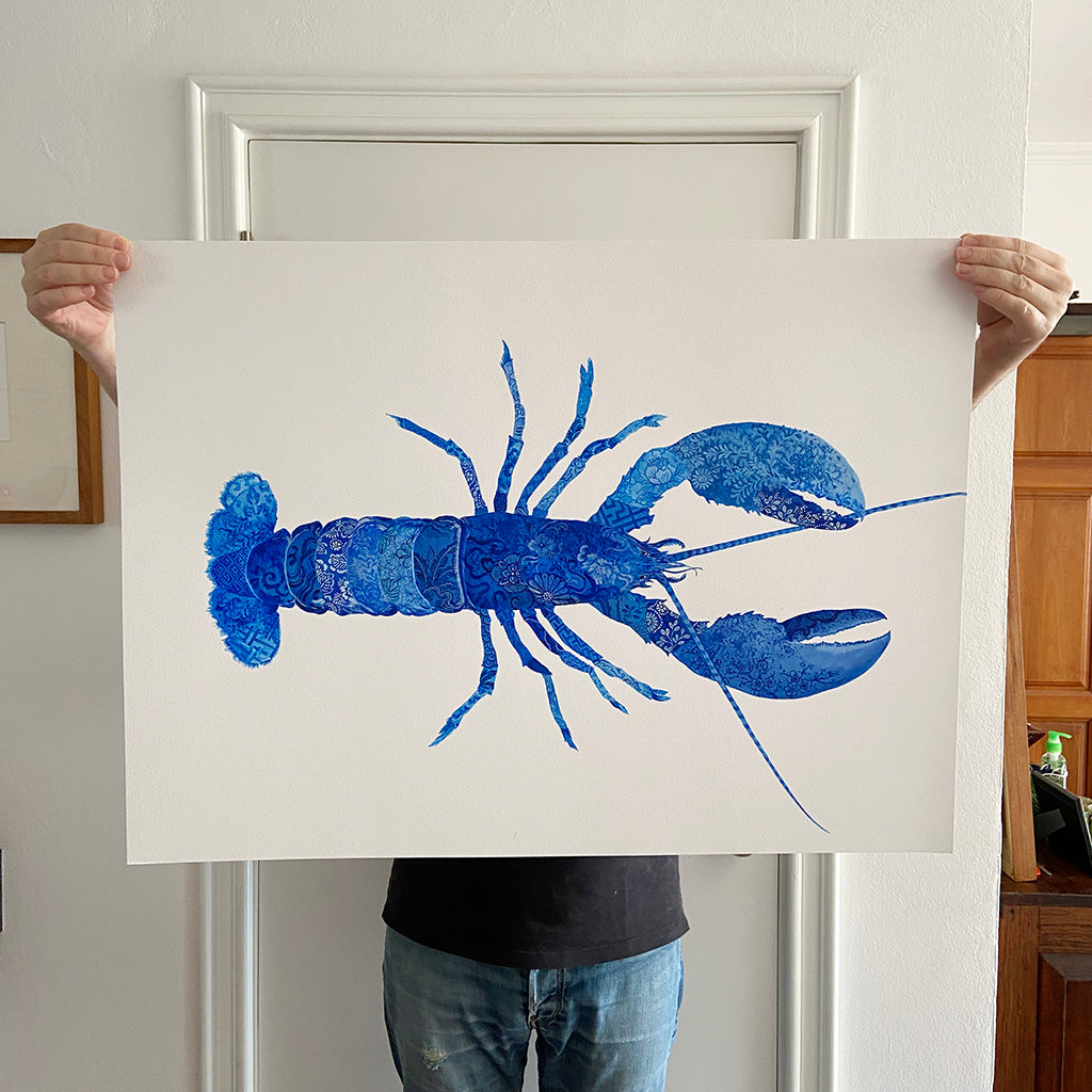 Blue Lobster Painting by Chris Chun. Acrylic on Paper. Blue and White Chinoiserie Art. Coastal Style.