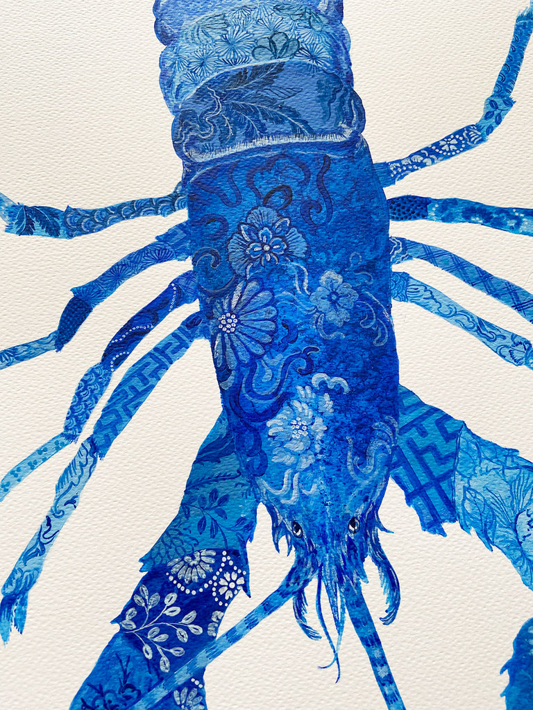 Blue Lobster Painting by Chris Chun. Acrylic on Paper. Blue and White Chinoiserie Art. Coastal Style.