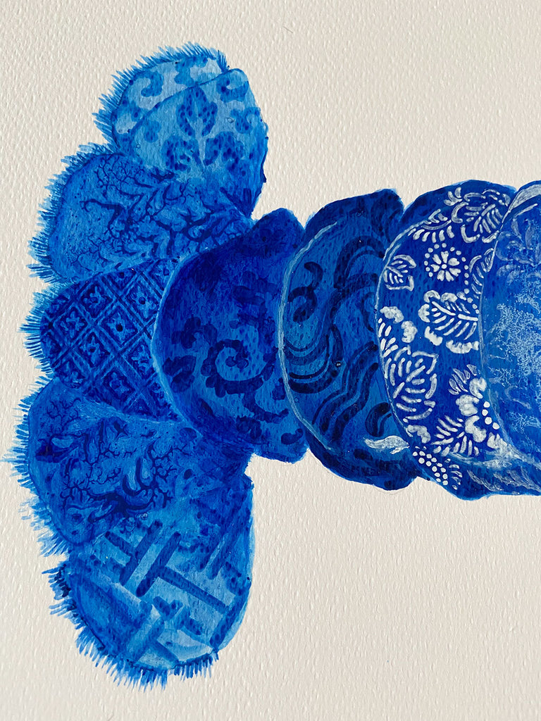 Blue Lobster Painting by Chris Chun. Acrylic on Paper. Blue and White Chinoiserie Art. Coastal Style.