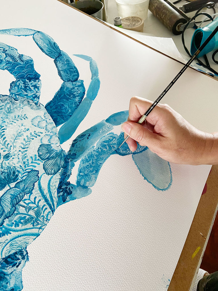 Crab Painting by Chris Chun. Acrylic on Paper. Blue and White Chinoiserie Art. Coastal Style.